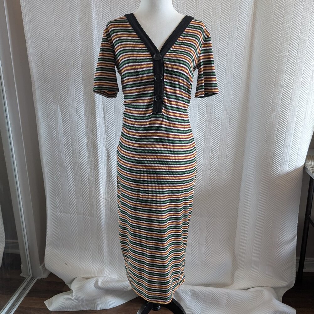 Zara Striped Stretch Midi Dress Black Green White Yellow Brown Size Medium NWOT